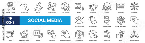 Social media icon set. Containing click like, share, community, add friend, media, favorite, social, website, connect and more. Outline vector icons collection.
