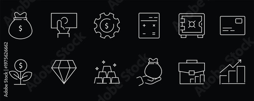 Business Finance Wealth Icons, Money Bag, Safe Box, Calculator, Investment Growth, Gold Bars, Diamond, Gear with Dollar, Briefcase, Credit Card