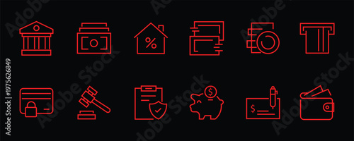 Banking Legal Services Icons, Bank Building, Piggy Bank, Wallet, Credit Card, Auction Gavel, Insurance Policy, ATM, Checkbook, Interest Rates