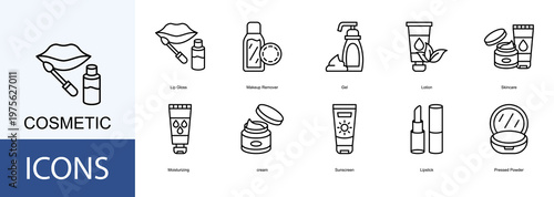 cosmetic  Icon Set Collection Pack Vector Illustration Concept. Containing Lip Gloss, Makeup Remover, Gel, Lotion, Skincare icon