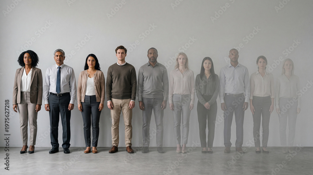 Obraz premium Group of diverse people standing in line against a light background with some figures partially fading in and out