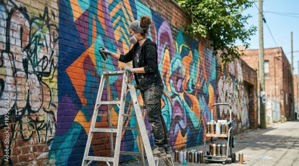 Obraz premium Dedicated female street artist carefully spray paints a vibrant, abstract, and colorful mural on an urban brick wall, standing on a ladder in a city alleyway.