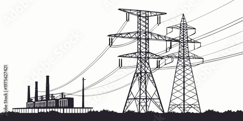 A black and white illustration of an oil drilling rig towering above the landscape.