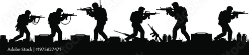 Silhouette of soldiers advancing with rifles across battlefield with equipment and explosives, military patrol movement, tactical combat operation, war zone readiness, defense strategy illustration