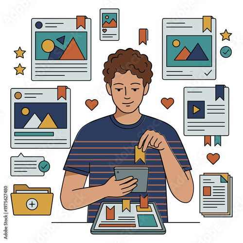 Illustration of a Person with a Bookmark Save Content
