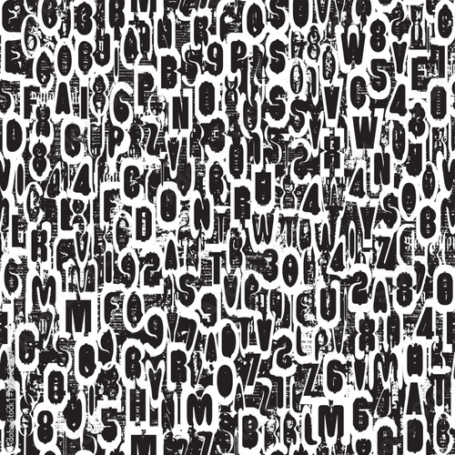 Abstract seamless pattern consisting of font with grunge style. Vector background with capital English Latin letters and handwritten text. Wallpaper, wrapping paper, t-shirt design, fabric, textile. N