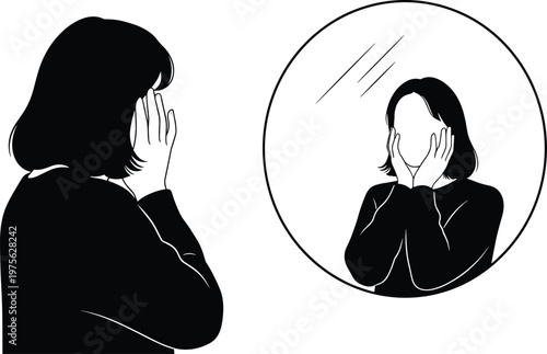 Woman covering face looking at mirror reflection silhouette, self doubt concept, insecurity emotion, mental health struggle, anxiety expression, negative self image, personal identity issue