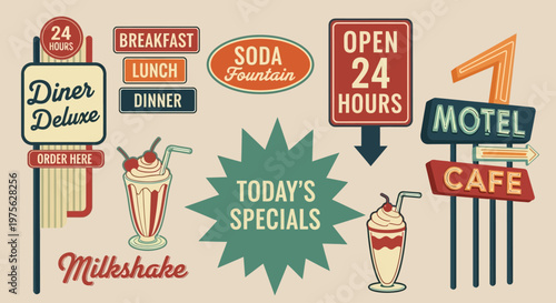 Collection of classic retro diner and motel signs, featuring vintage roadside cafe advertisements and milkshake graphics, evoking a nostalgic American dining experience