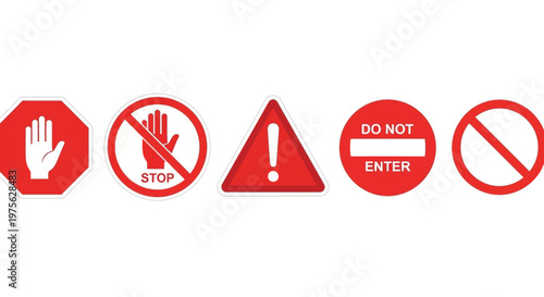 Vector illustration set featuring crucial red prohibition and warning signs stop, do not enter, caution, and no entry symbols for various safety and informational applications