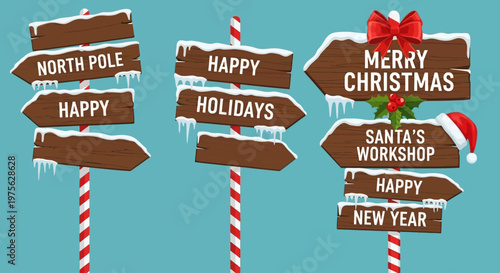 Festive wooden signs with Christmas greetings and winter snow, directing to popular holiday destinations like North Pole and Santa's Workshop