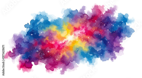 Vibrant Watercolor Nebula Galaxy Illustration with Stars and Swirling Colors