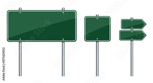 Set of three blank green road signs on metal posts, offering directional information and guiding travelers on their journey
