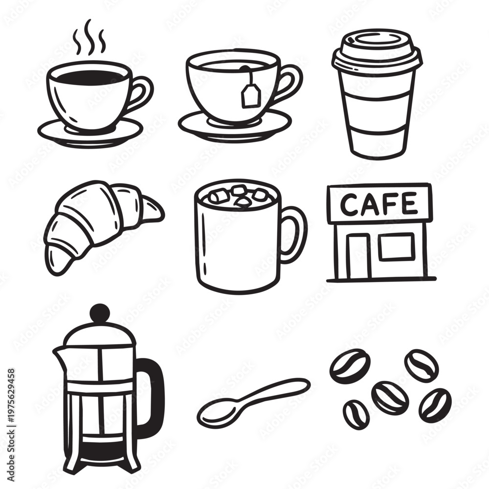 Obraz premium Bakery and Cafe Icon Set – Croissant, Coffee Cup, Tea, Pastry, Cafe Shop Symbols