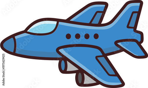 A blue airplane flies through clear sky with landing gear down.