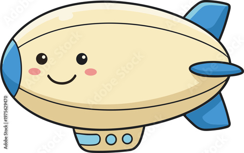 A smiling cartoon blimp flies through the sky with a happy face.