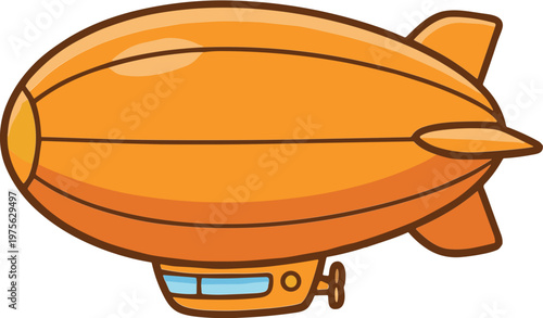 An orange blimp flies through a clear sky with a small propeller.