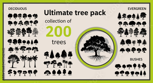 An ultimate tree pack featuring a diverse collection of 200 deciduous and evergreen trees, palm trees, and bushes suitable for graphic design projects