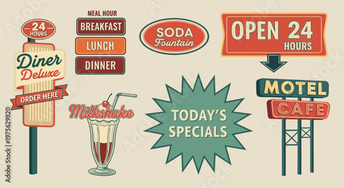 Stylized vector set of retro American diner and roadside signs, featuring vintage typography and iconic elements, evoking a nostalgic mid-century aesthetic