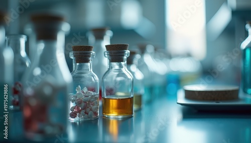 Close up of laboratory bottles filled with various substances and colorful liquids on a table with shallow depth of