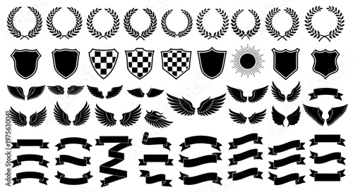 Elevate your design projects with this versatile vector collection of ornamental graphic elements, including classic wreaths, shields, wings, and banners, perfect for emblems and badges