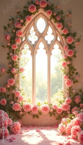 Pink roses climb a gothic window frame. Sunlight streams through the glass, illuminating a soft floral scene. Petals scatter on the floor, creating a romantic, dreamy mood.