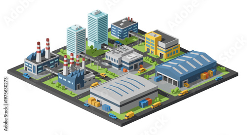 Isometric industrial city vector illustration with factories and buildings