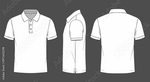 Blank White Polo Shirt Vector Illustration Set - Front, Side, and Back Views on a Dark Background