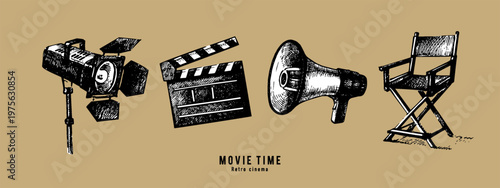 Sketch clapperboard, director chair and megaphone set. Retro cinema and movie night collage stickers. Film studio, streaming platform, tv, ticket concept. Hand drawn isolated vector illustration.