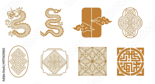 Elegant Golden Asian Cultural Motifs Set with Mythical Dragon, Stylized Clouds, and Intricate Geometric Patterns for Heritage-Inspired Design