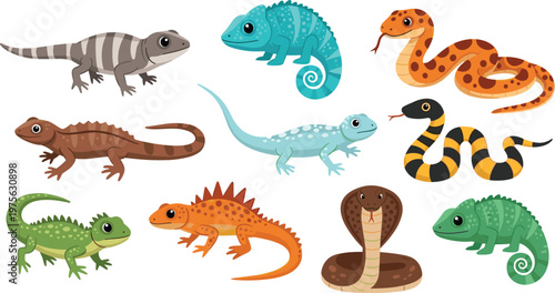 Realistic Cartoon Reptile and Snake Character Set Featuring Lizard Chameleon Gecko Iguana Cobra and Various Wildlife Creature Illustration Collection