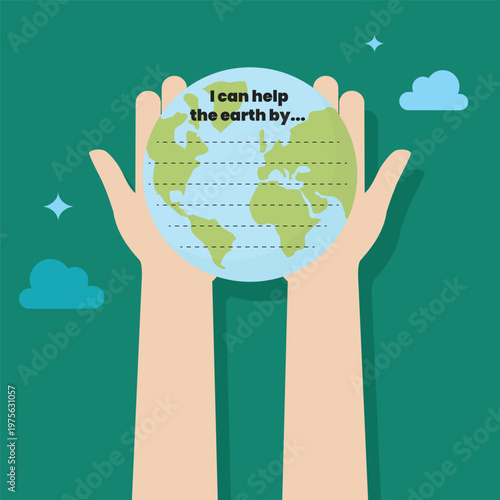 Hand holding earth globe with writing prompt