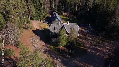 Aerial view of a large wooden house surrounded by tall trees and a gravel driveway, showcasing the natural landscape in a serene rural setting