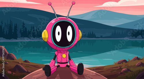A charming pink robot character with a rounded head and antennae sits contemplatively by a serene lake, reflecting on the tranquil, vibrant twilight landscape with distant mountains and a colorful sky