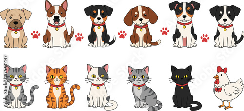 Cute Cartoon Cat and Dog Character Set Featuring Different Breeds Poses and Expressions with Adorable Pet Illustration Collection