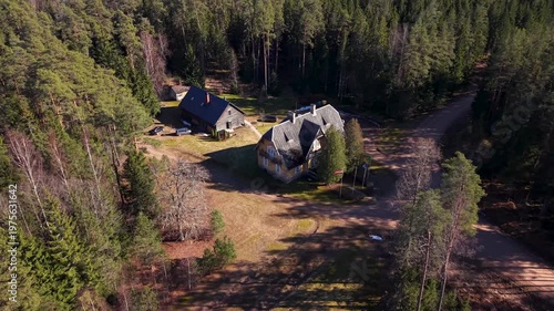 Aerial view of a serene forest landscape showcasing two houses surrounded by trees, gravel road, and a small pond reflecting the clear sky in a tranquil setting