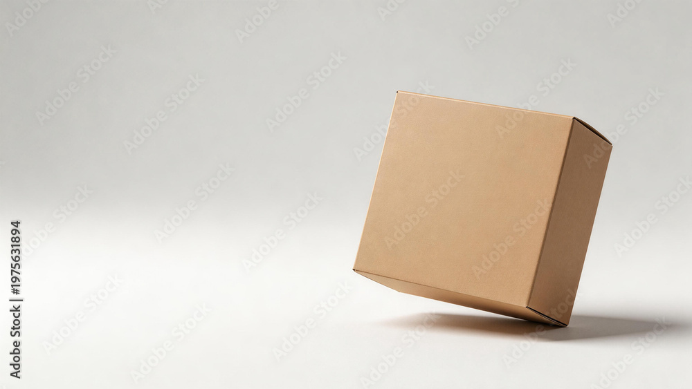 Obraz premium Blank kraft cardboard box on light grey seamless background, e-commerce delivery and shipping packaging mockup.