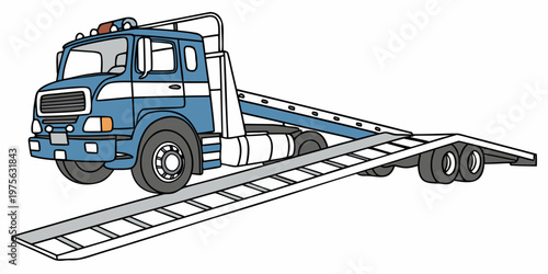 Blue pickup truck towing a flatbed trailer on a highway