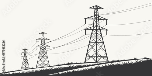 A close-up line drawing of electric transmission towers