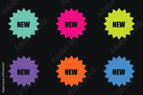 Vibrant neon starburst stickers with NEW text, colorful sunburst promo badges for retail marketing, set of 6 jagged edge price tags on black background