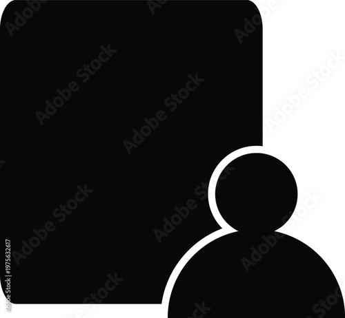 Simple black icon of a person standing in front of a large black rectangle