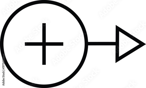 Simple black and white diagram circle with plus sign and right arrow