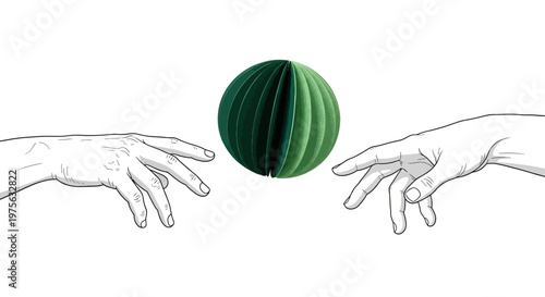 Two hands reaching towards a green accordion sphere, inspired by Michelangelo's Creation of Adam, on a white background.