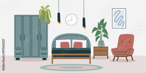Bedroom interior background3. Concept of relax, sleeping, interiors. Vector hand drawn banner in flat style.