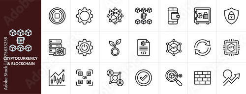 Cryptocurrency and Blockchain Line Icon Set - Minimalist Fintech and Digital Currency Vector Illustrations