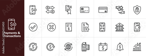 Payments and Transactions Line Icon Set - Minimalist Fintech and Mobile Banking Vector Illustrations