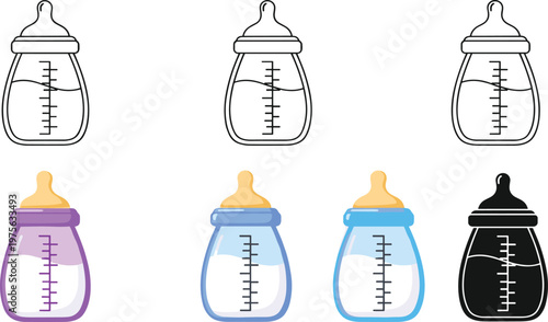 Baby Bottle Icon Set Featuring Outline and Colored Feeding Bottles with Measurement Scale for Infant Care Illustration Collection