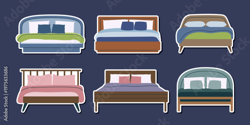 Collection of beds stickers isolated on dark background1. Vector flat furniture cliparts. Concepts of home, interiors, bedroom, sleep.