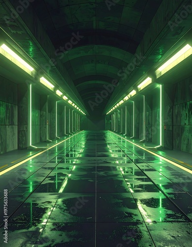 A dark, futuristic corridor with green neon lights and wet floor