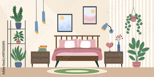 Bedroom interior background. Concept of relax, sleeping, interiors. Vector hand drawn banner in flat style.