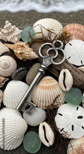Vintage Key Resting on a Bed of Seashells and Beach Treasures.